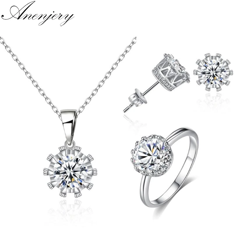 

Anenjery Charming Dazzling Zircon Crown Pendants Earrings+Necklace+Ring Wedding Jewelry Set For Women set03