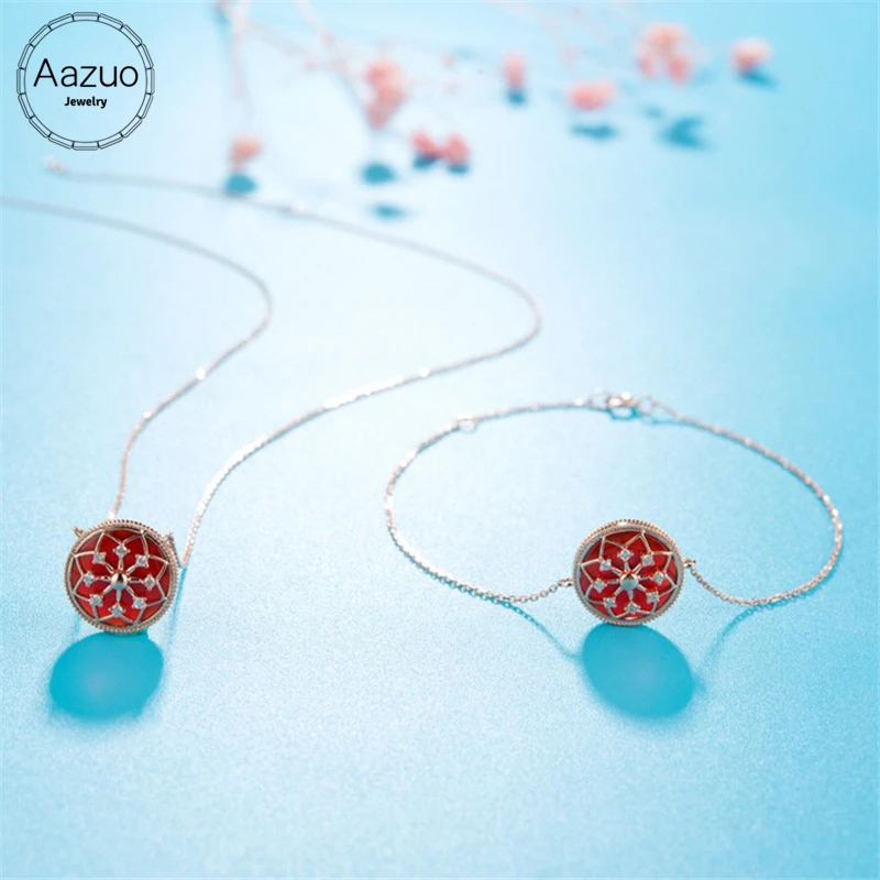 

Aazuo Jewelry Sets 18K Rose Gold(Au750) Natural Red Agate Real Diamonds Round Bracelet Necklace For Women Engagement Wedding