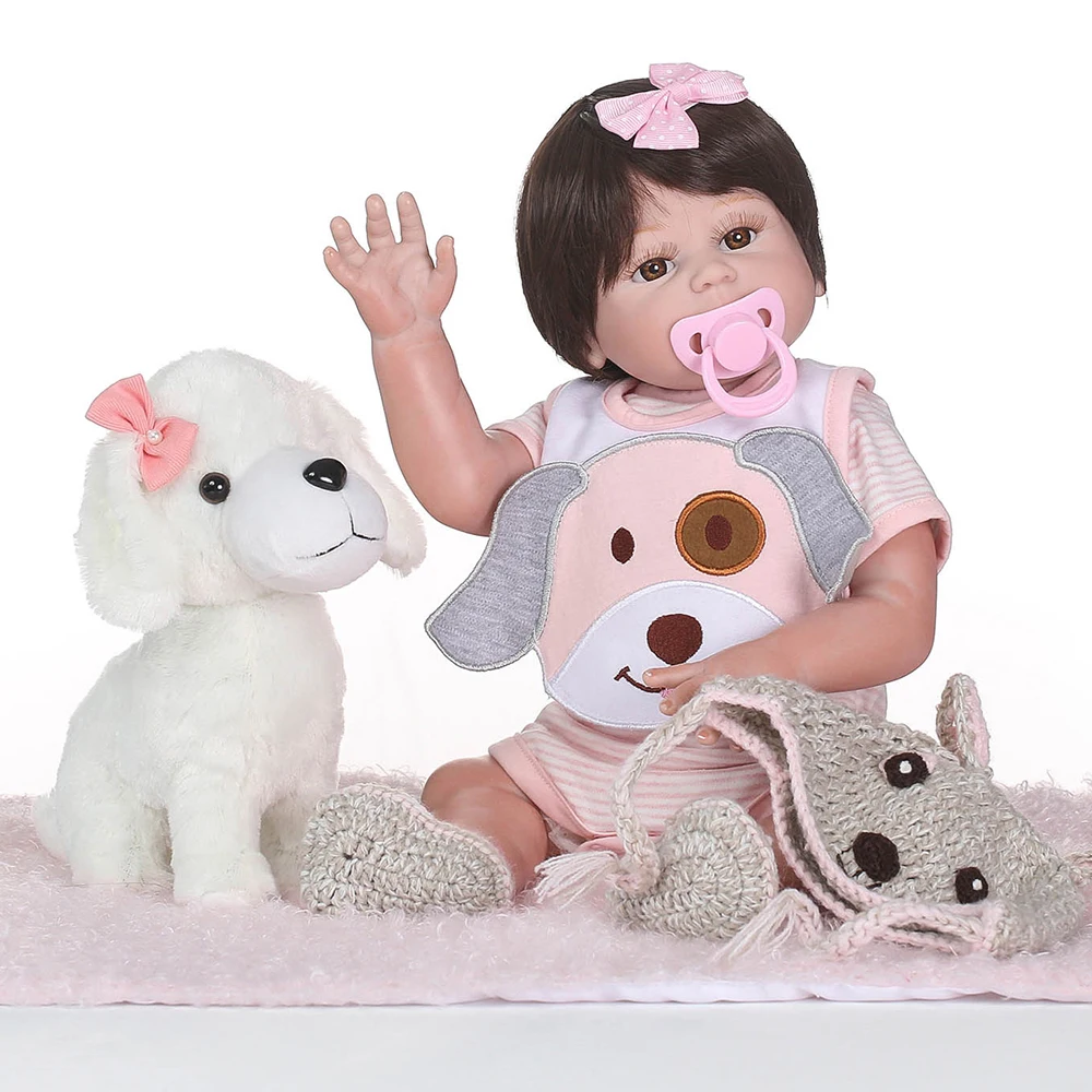 

19 inch Soft Full Silicone Vinyl Body Reborn Baby Doll Lifelike Toddler Doll Play House Bath Toy Gift With Cloths Dog Toys