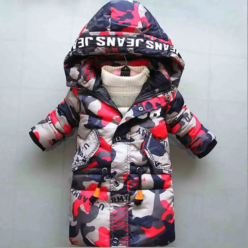 

BibiCola 2018 winter new boy down cotton outerwear kids hooded camouflage long thick warm parkas jacket fit for 3-8 Y boy