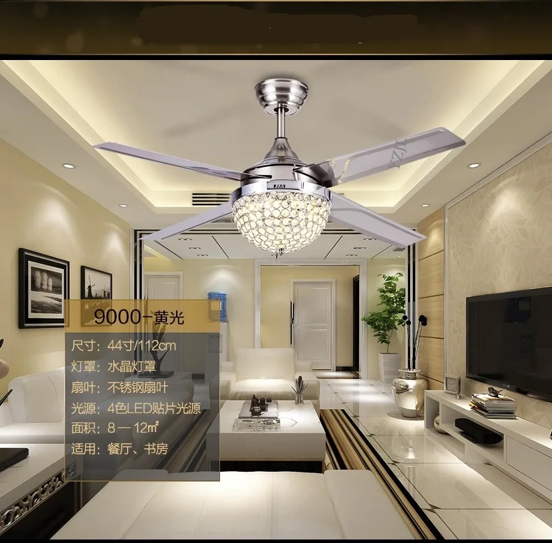 

Fan ceiling pendant modern crystal ceiling pendant fan lights continental iron leaf fan With LED lights living room lights fan