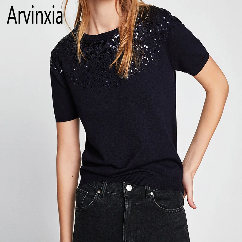 Arvinxia ZA Fashion Solid Color Slim O Neck Collar Woman Sweaters New Dot Sequinied Lady Pollovers Chic Short Sleeve Shirts | Женская