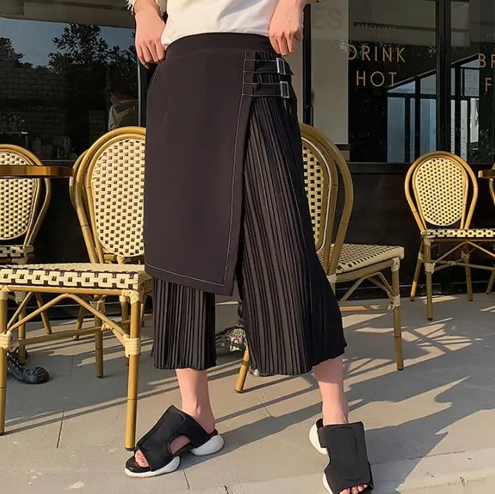 

Asymmetrical culottes harem pants mens Fake two pieces trousers pantalones hombre irregular pants for men pantalon homme black