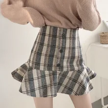 Женская осенне-зимняя юбка-годе, средняя талия, тонкая облегающая юбка с оборками, подол русалки, пуговица для юбки, Женская Офисная клетчатая юбка
