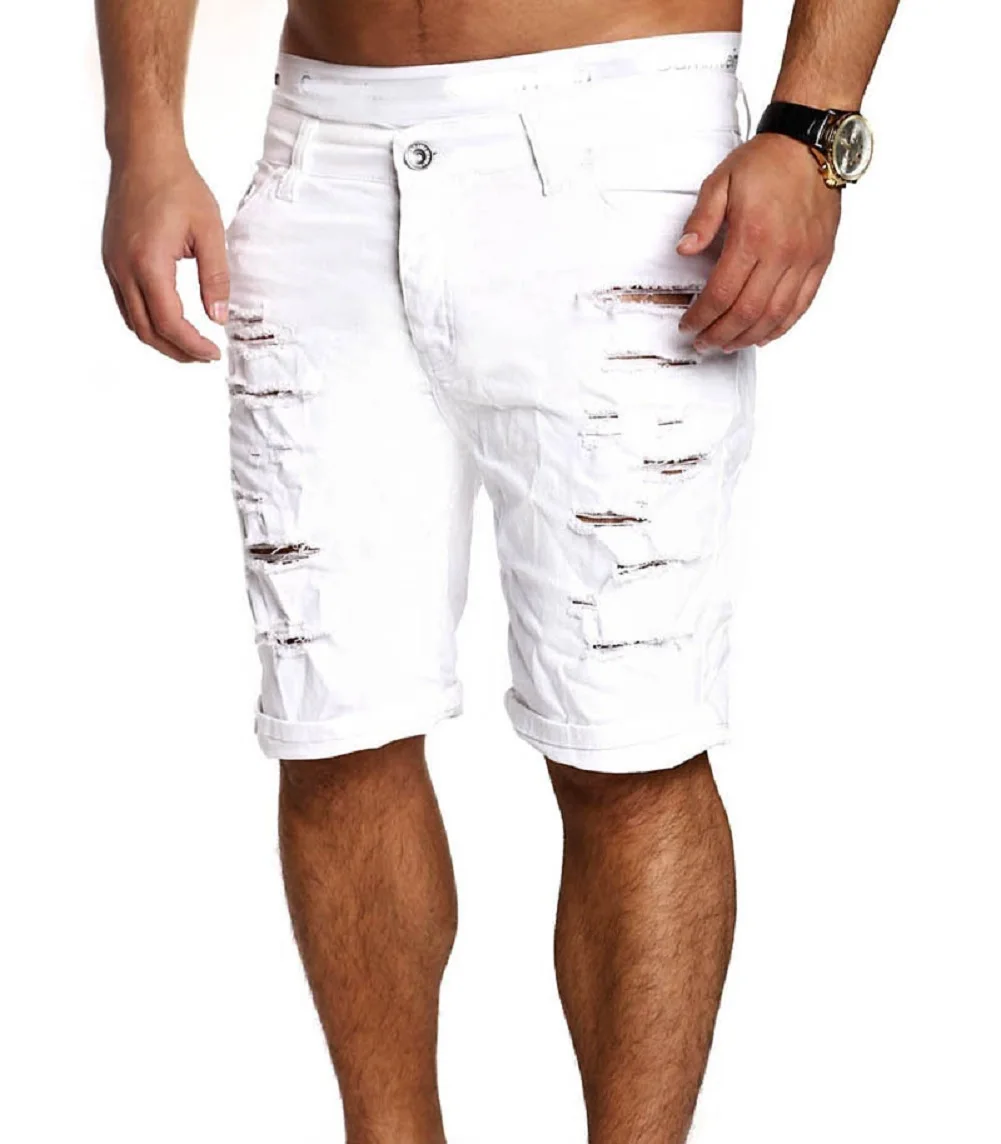 Модные мужские Ретро Эластичные Обтягивающие потертые короткие шорты рваные джинсовые мужские повседневные шорты до колена - Цвет: Белый