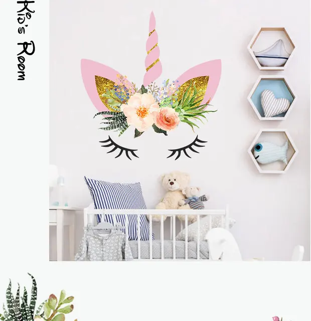 3D licorne tête cheval couleur Stickers muraux pour enfants chambres chambre décoration Stickers muraux Art Poster