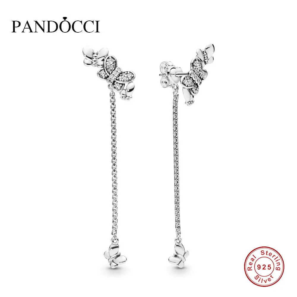 

PANDOCCI 925 Sterling Silver Bedazzling Butterflies Hanging Earrings For Women Bead Charm Gift DIY Jewelry 2019 Spring