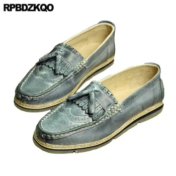 

Italy Shoes Tassel New 2018 Summer Breathable Men Loafers Real Leather British Style European Genuine Brogue Wingtip Retro Blue