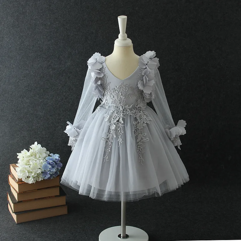 

3-12YRS Teenager Girl dress For Girl Lace V Neck Tulle Long sleeves Party Pageant Flower Girl Wedding Birthday petal Dress