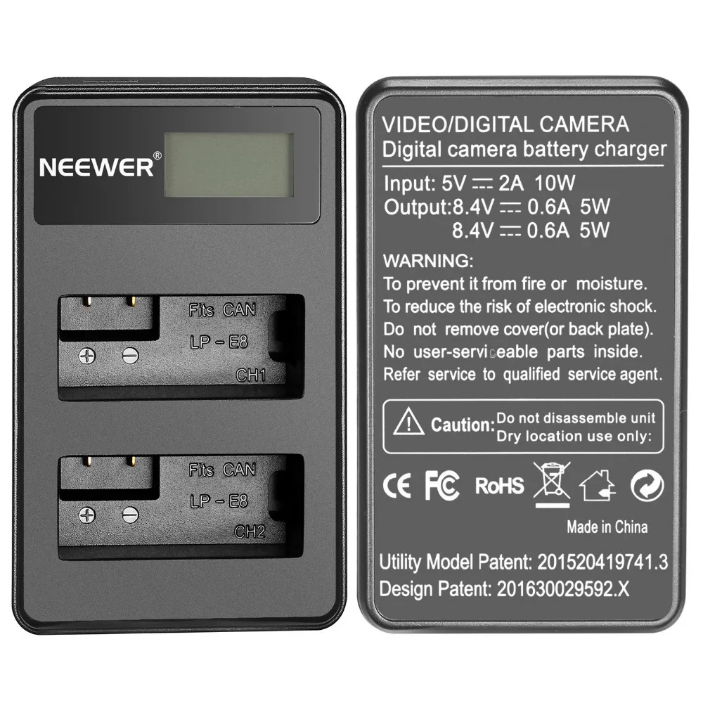 Neewer USB двойной Батарея Зарядное устройство светодиодный Дисплей 5 V/2A Вход для Canon LP-E8 Батарея для Canon EOS Rebel T5i T4i T3i T2i EOS 600D