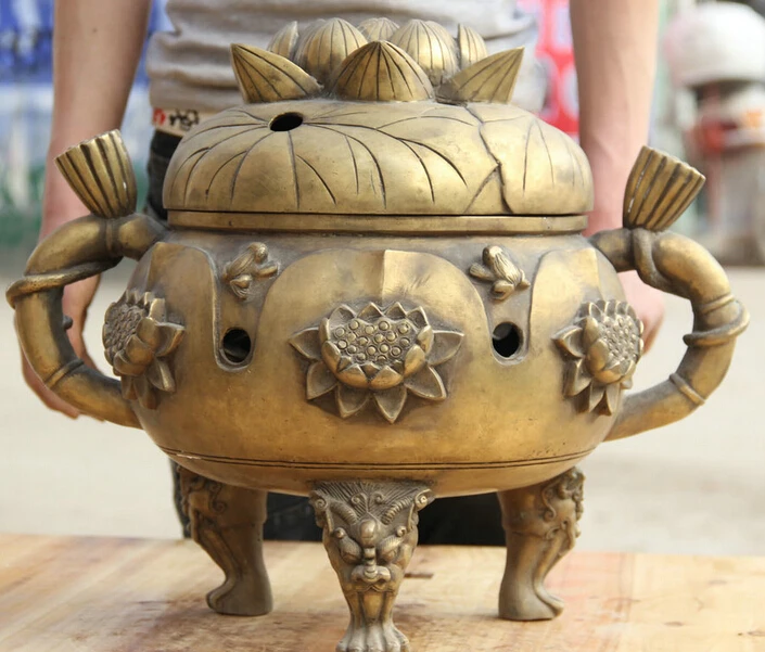 

JP S61 19" Marked Chinese Brass Folk 3 Foot Lion Beast Head lotus Incense Burner Censer