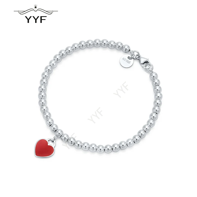 

PY original 100% 1:1 S925 TIFF small red heart Ball Bracelet Mini enamel red Charm Jewelry Valentine's Day gift