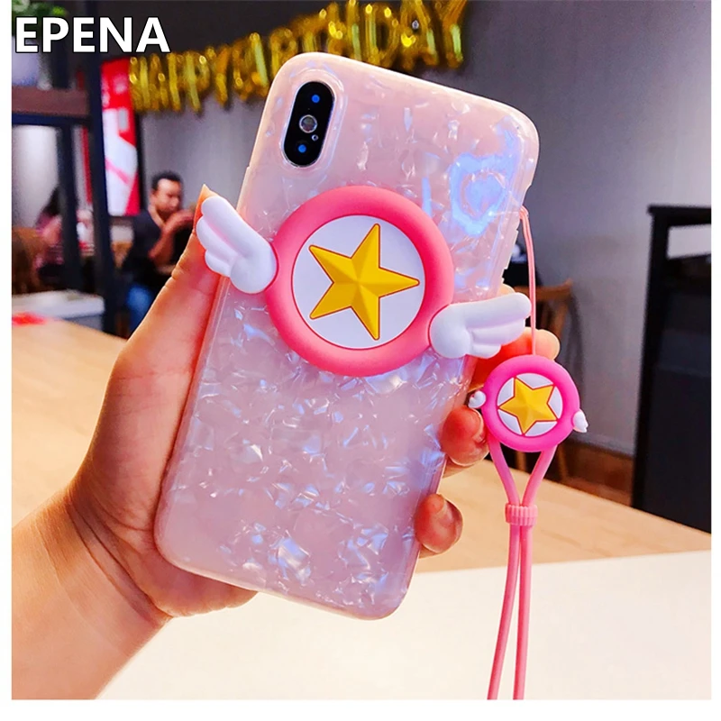 

Cute Cartoon Sailor Moon Wings Case for IPhone 8 7 6 6s Plus Pink Sakura 3D Magic Angel Case For IPhone X XR XS Max Cover Strap