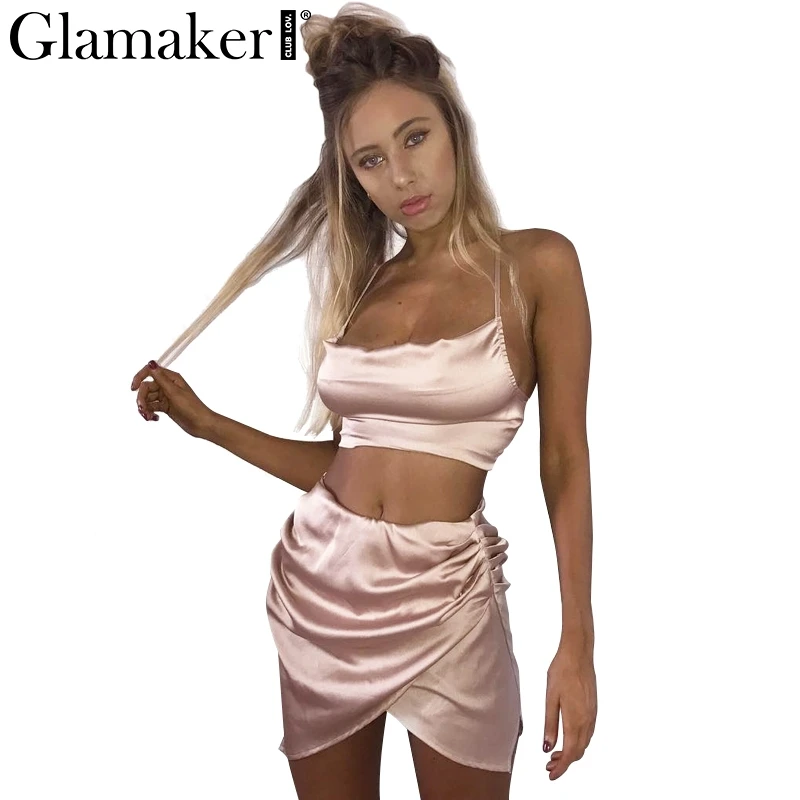 Image Glamaker Summer elegant asymmetrical short dress women Sexy crop top satin dress two piece suit Fitness party dress vestidos