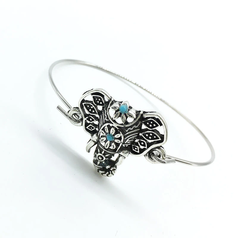 Women Retro Ethnic Boho Hollow Elephant Totem Bangle Bracelet Cuff Jewelry