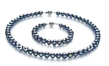 

Jewelry 00136 SET 9-10MM TAHITIAN BLACK PERFECT ROUND AAA PEARL NECKLACE BRACELET