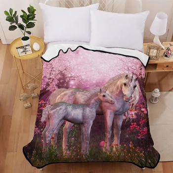 

Unicorn Family Sherpa Fleece Throw Blanket on Sofa Bed Blossoming Flower Warm Bedspread Bedroom Decor Custom Gift for Girls Kids