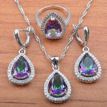 Классические в форме капли радуги кубического циркония набор украшений из серебра 925-й пробы Свадебные украшения для женщин ожерелье кулон серьги кольцо JS0103