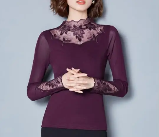 Hollow Out Women Spring Autumn Style Lace Blouses Shirts Casual Long Sleeve Patchwork Spliced Turtleneck Blusas Tops