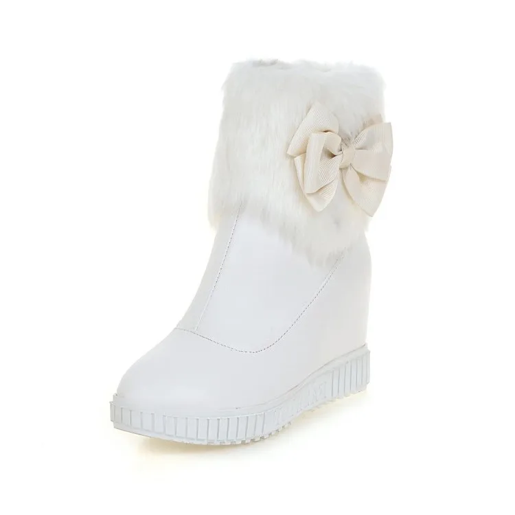 PXELENA/милые женские зимние теплые ботинки с бантиком-бабочкой; меховые плюшевые ботильоны на скрытой танкетке и высоком каблуке; обувь для невесты; цвет розовый, белый - Цвет: Белый