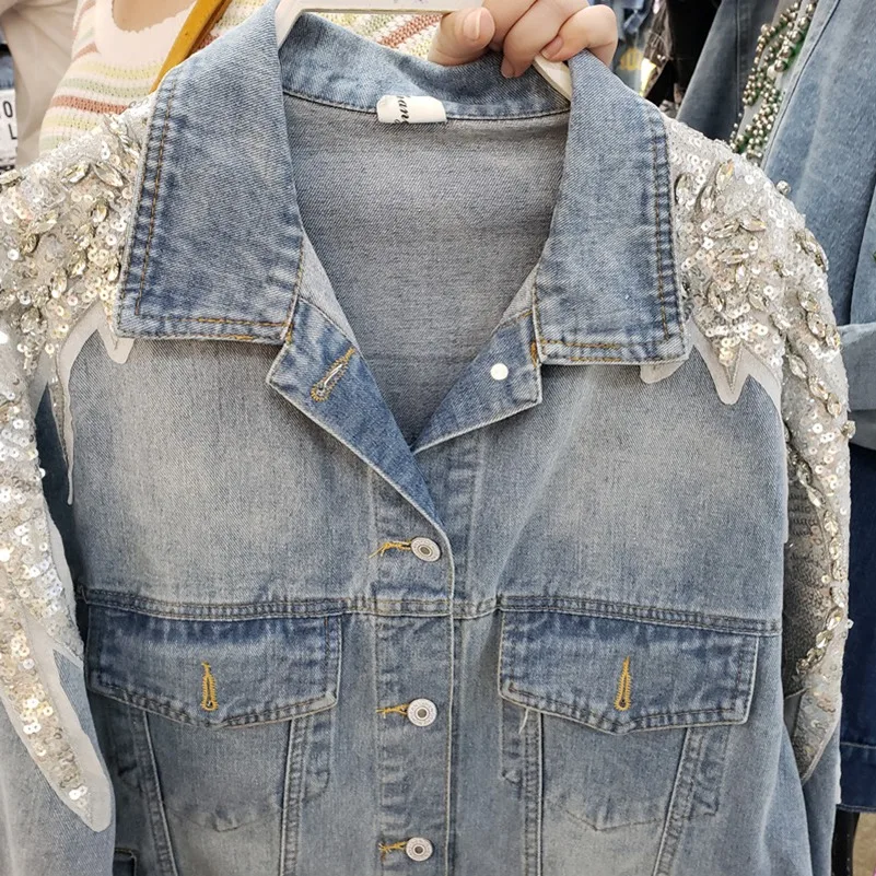 SexeMara модные новые неупакованные блестки бисер джинсовая куртка
