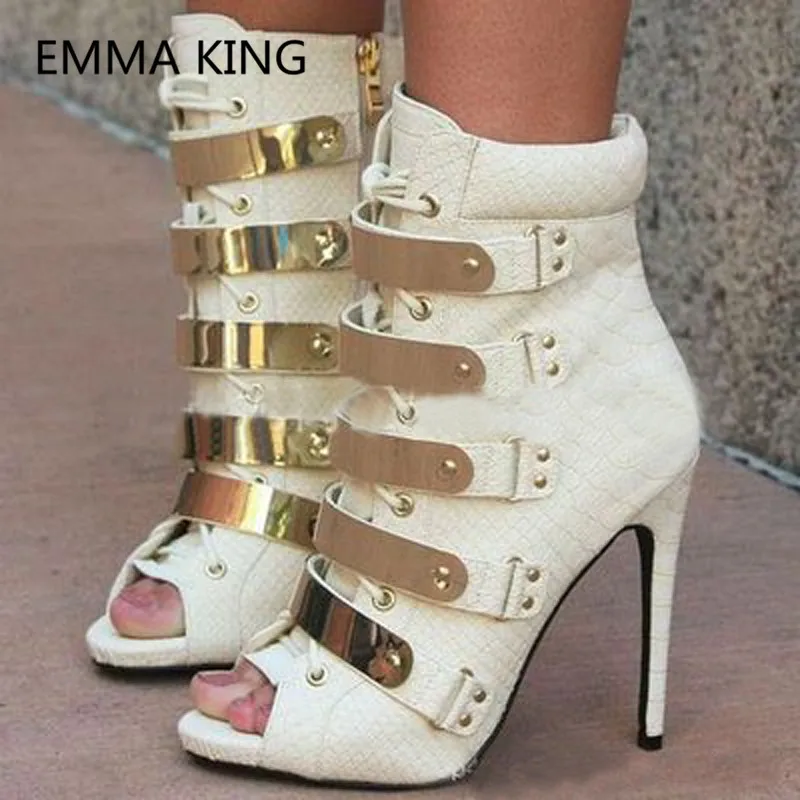 

New Design Metal Buckle Women Summer Ankle Boots Peep Toe Snake Prints High Heels Pumps Shoes Woman Sexy Gladiator Sandals Boots