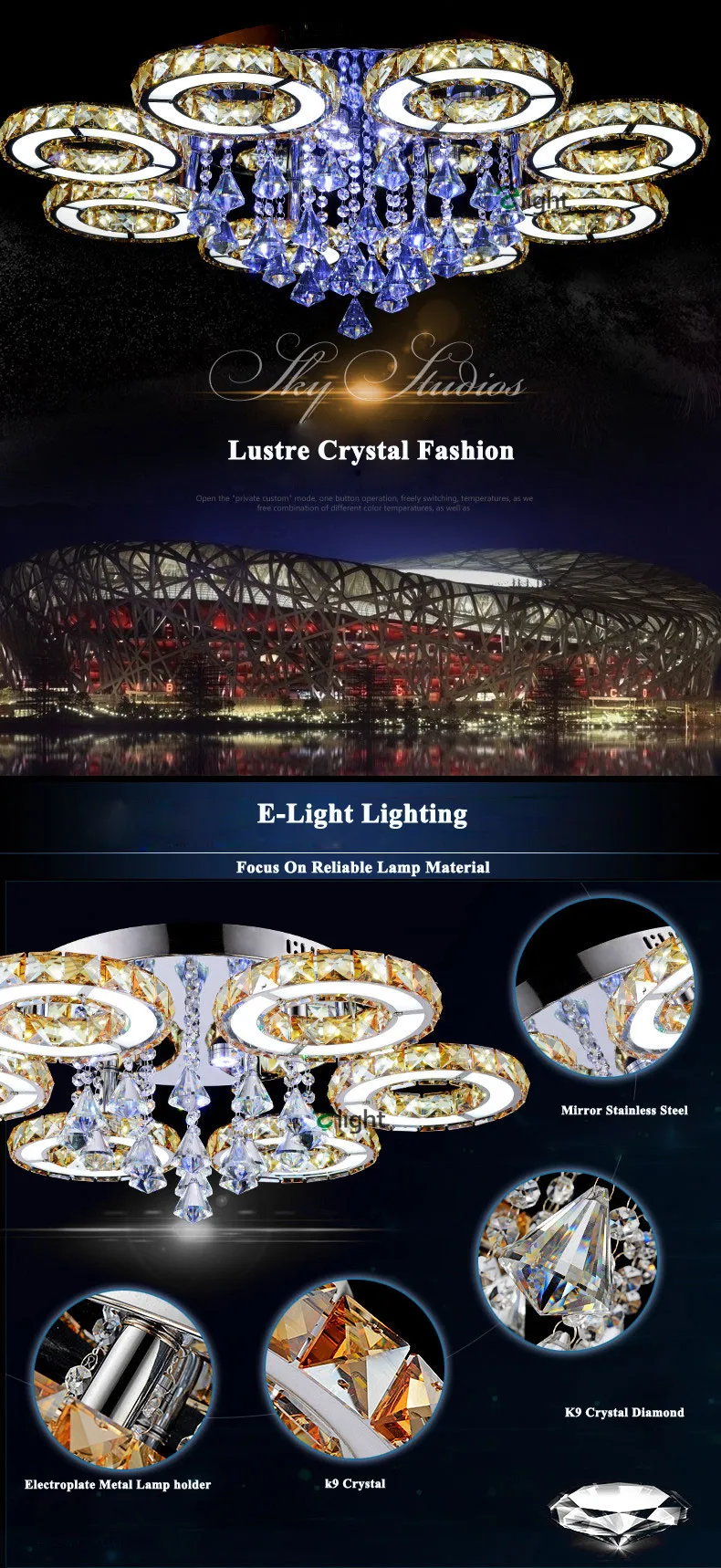 Современный минимализм Lustre De Cristal Led Люстра для фойе Роскошные покрытые зеркалом стальные кольца Круглая Люстра