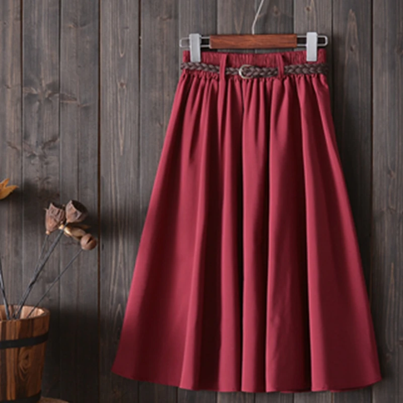 

Summer Skirt Women With Belt Knee Length Big Bow 2019 Fashion Korean Ladies High Waist Pleated A-line School Skirt Female JULY