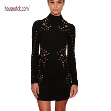 black high neck bodycon dress long sleeve 2017 spring sexy women bandage dress vintage vestido short cocktail party dresses