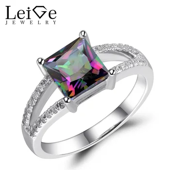 

Leige Jewelry Mystic Topaz Ring Rainbow Gemstone Princess Cut Silver 925 Jewelry for Women Engagement Party Rings Double Band