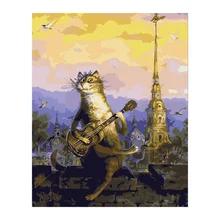 Кошка с гитарой DIY Цифровая живопись маслом по номеру работа Изображения Украшение стены Идеальный Рождественский подарок на день рождения P105