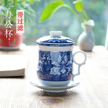 

Blue and white porcelain with filter cups four sets of office cups kung fu tea set