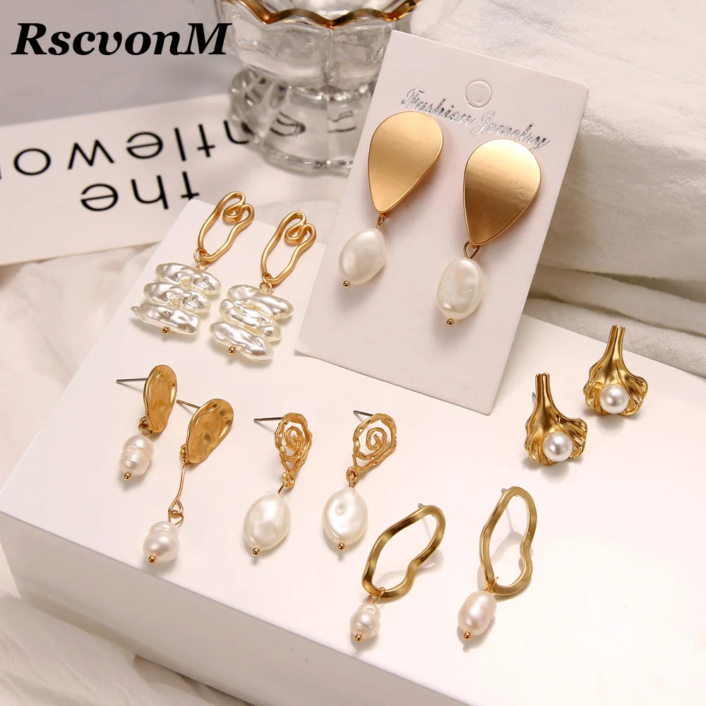 

RscvonM Asymmetric Matte Metal Gold Love Heart Triangle Geometric Irregular Leaves Freshwater Pearl Stud Earrings for Women