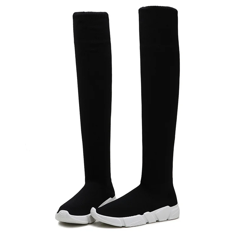 

2018 New Flat Sock Boots for Womens Stretch Fabric Shoes Slip On Over The Knee Boots D50
