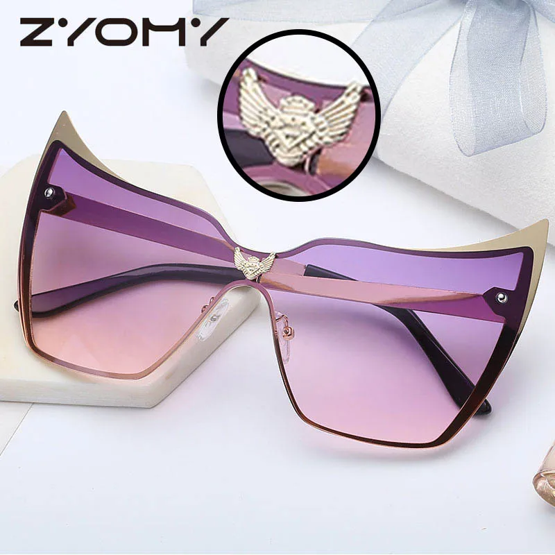 

Oversized One-piece Metal Frame Sunglasses Women 2019 Luxury Brand Designer Bat Wing Shape Sunglasses Female Sun Glasses Shades
