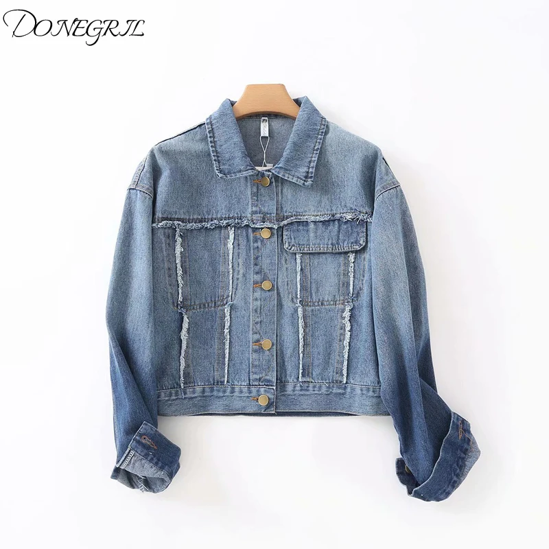 High quality 2020 spring and autumn contrast color sleeve lapel broken denim jacket | Женская одежда