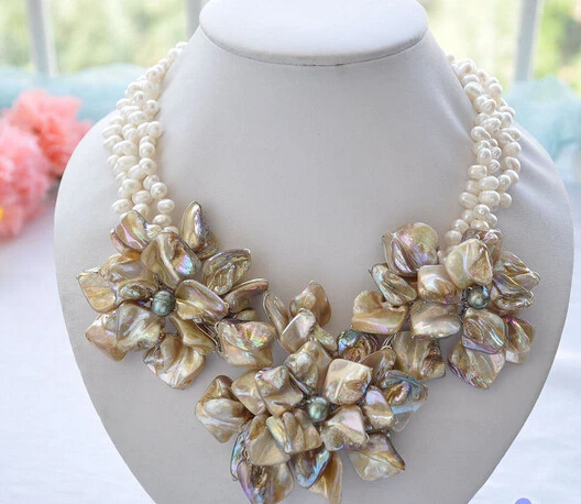 

Wholesale free shipping 100% Natural jewelry >Handmade 3row 18" white rice pearl shell Knitting flower necklace