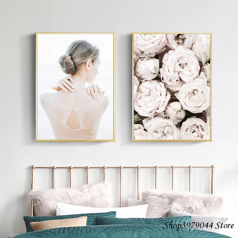 

Canvas Painting Art Girl Back Abstract Painting Pink Rose Poster Nordic Home Decoration Paintings For Living Room Wall Unframed