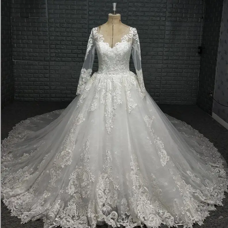 Изысканное свадебное платье с длинными рукавами Vestido de noiva кружевные цветочные вечерние свадебные платья Длинные свадебные платья соборный поезд - Цвет: as pic