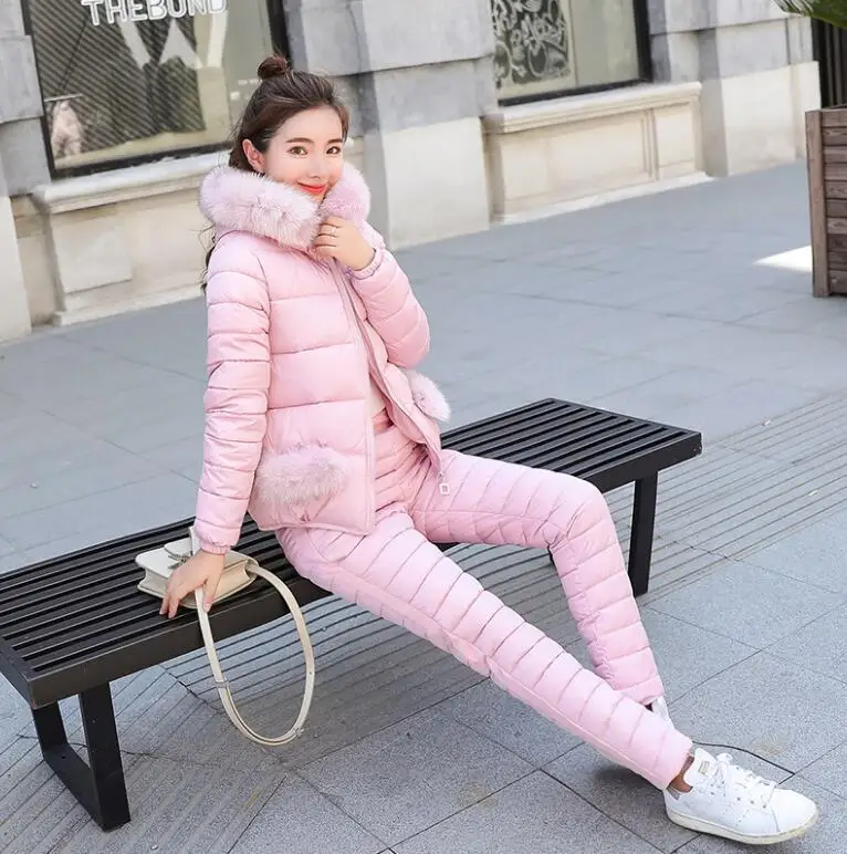 

Women Down Jacket Suit 2018 New Down Cotton-padded Coat and Pants Fashion Warm Outwear Suits Two-piece Female Sets q268