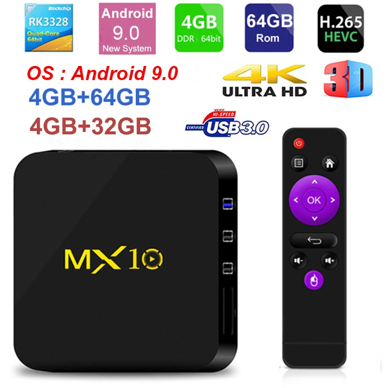 MX10 تي في بوكس أندرويد الروبوت 9.0 RK3328 رباعية النواة 4G RAM 64G ROM 3D 4 K HDR10 H.265 USB 3.0 مشغل الوسائط IP التلفزيون قمة مجموعة مربع OS 8.1 MX10 تي في بوكس أندرويد الروبوت 9.0 RK3328 رباعية النواة 4G RAM 64G ROM 3D 4 K HDR10 H.265 USB 3.0 مشغل الوسائط IP التلفزيون قمة مجموعة مربع OS 8.1