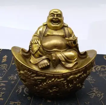 

10cm Chinese Copper Wealth YuanBao Happy Laugh Maitreya Buddha Dragon Phoenix Statue