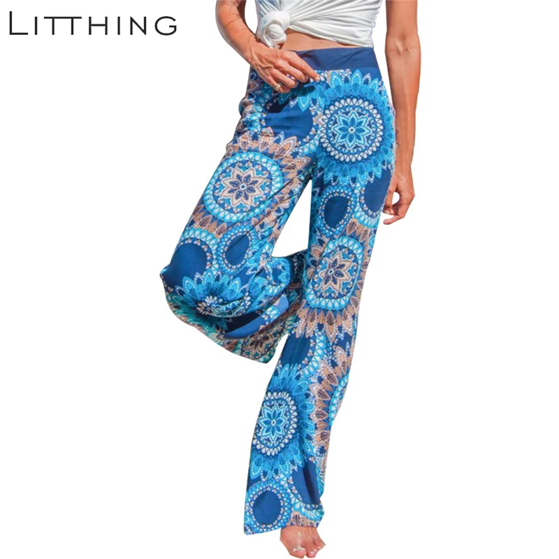 

LITTHING 2019 Floral Casual Wide Leg Long Harem Pants High Waist Loose Elastic Waist Trousers Plus Size New Beach Pants