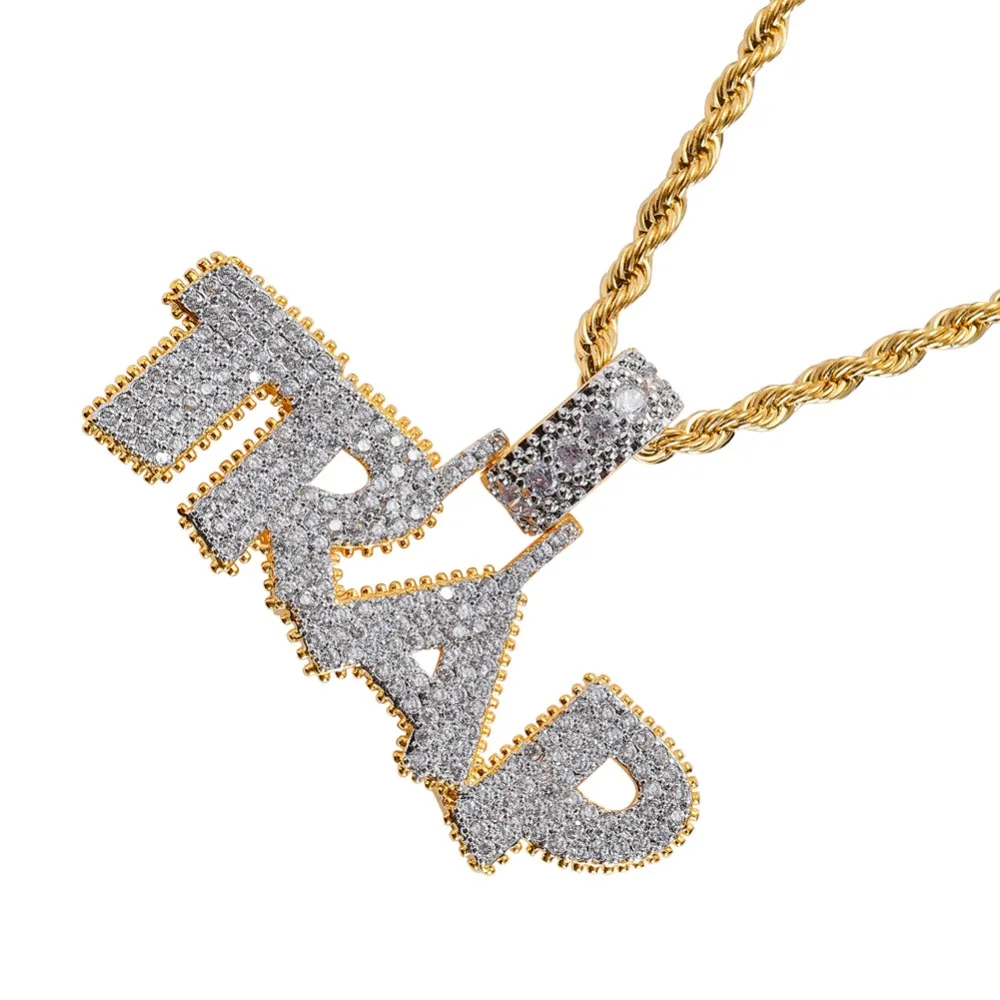 Bling AAA циркон Iced Out CZ ожерелье Золото Цвет письмо ловушка Подвески Медь Материал CN042