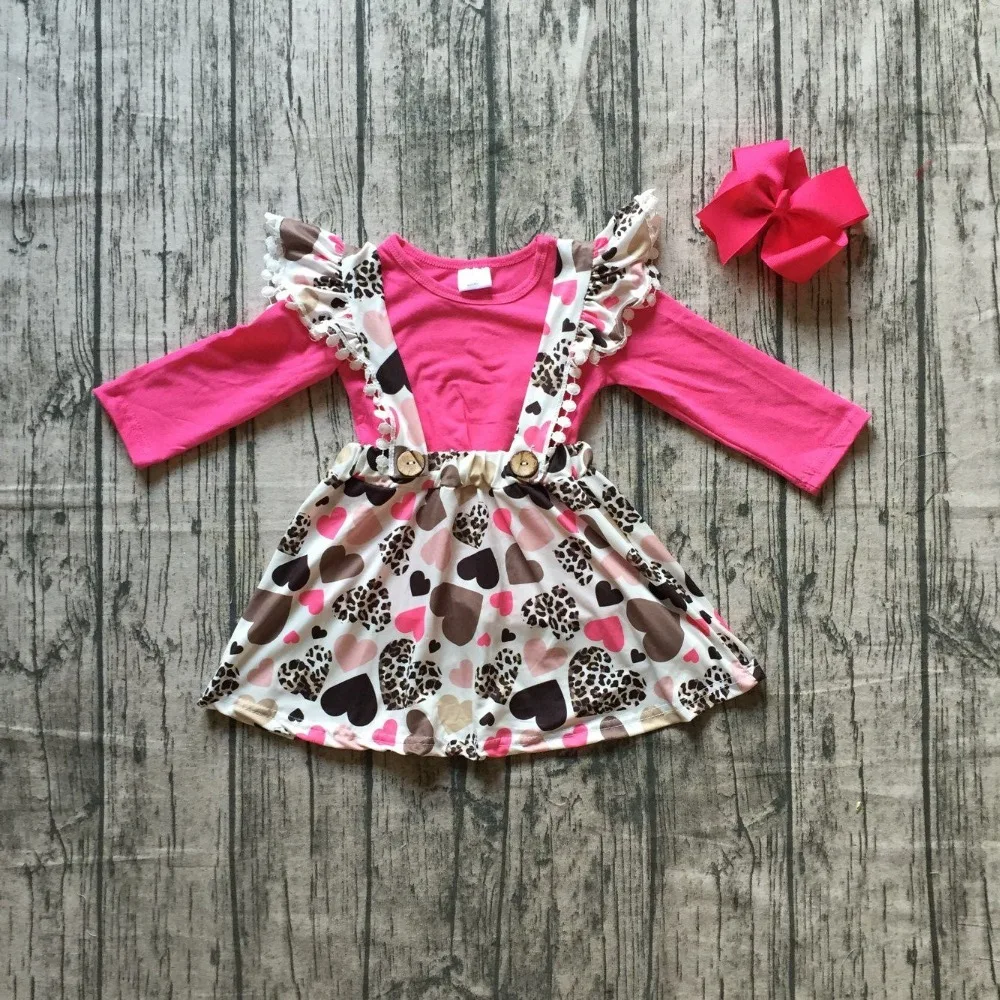 

spring/winter baby girls clothes cotton halter hot pink love heart pom-pom Button Straps dress boutique ruffles match clip bow