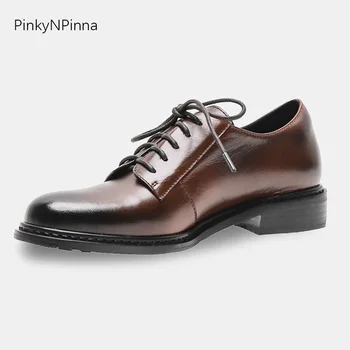 

women high quality genuine leather cowhide vintage brown handmade Oxfords all year round Derby business classical suit shoes