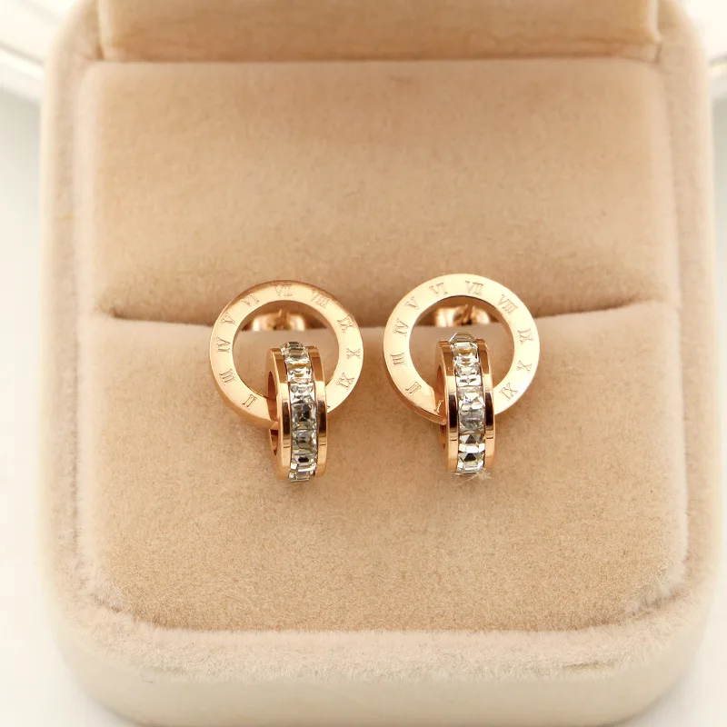 Топ бренд золото серебро цвет римские цифры циркон серьги гвоздики для женщин 316L нержавеющая сталь модные ювелирные изделия никогда не выцветает