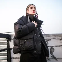 LANMREM New Fashion Stand Collar Oversize Short Type Winter Jacket 2018 Long Sleeve Female Pockets Warm Cotton Coat Loose YE833