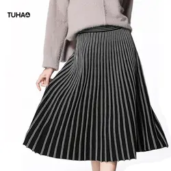 TUHAO осень-зима юбки женские вертикальные полоски с высокой талией трапециевидная Повседневная длинная Плиссированная юбка TX1369