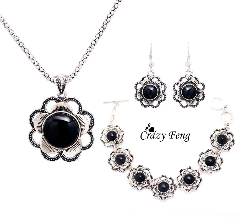 Crazy Feng Винтажные Ювелирные изделия из тибетского серебра каменное ожерелье с подвеской из кристаллов в виде цветка браслет серьги Ювелирные наборы для женщин - Окраска металла: black